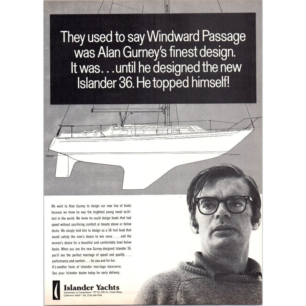 1971 Islander Yachts 36 Sailing Yacht Vintage Print Ad Alan Gurney 70s Wall Art